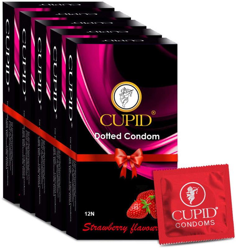 CUPID Dotted & Flavoured Condoms - Strawberry (Pack of 5, 12 pcs each) Condom(Set of 5, 60 Sheets)