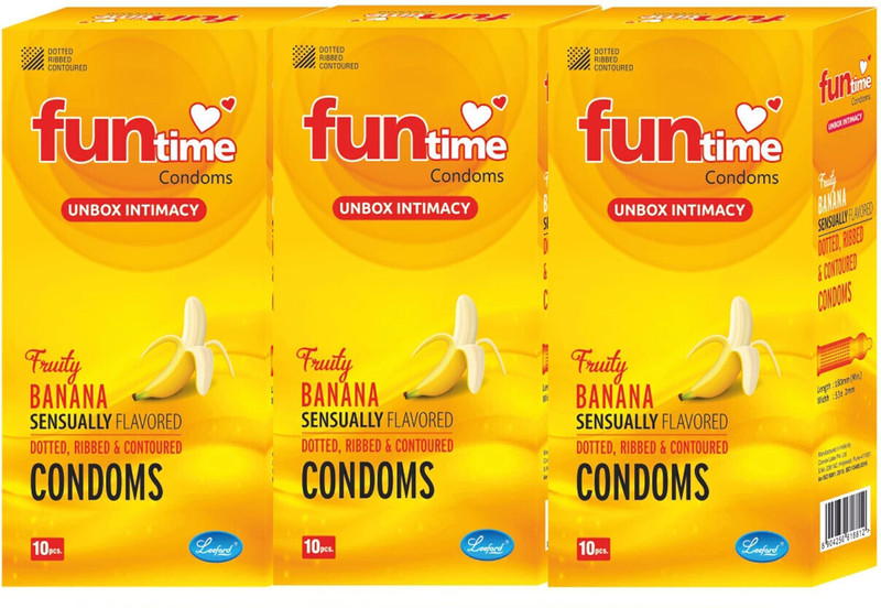 Funtime Banana Flavoured Dotted Condoms | Ribbed & Lubricated for Extra Pleasure Condom(Set of 3, 30 Sheets)