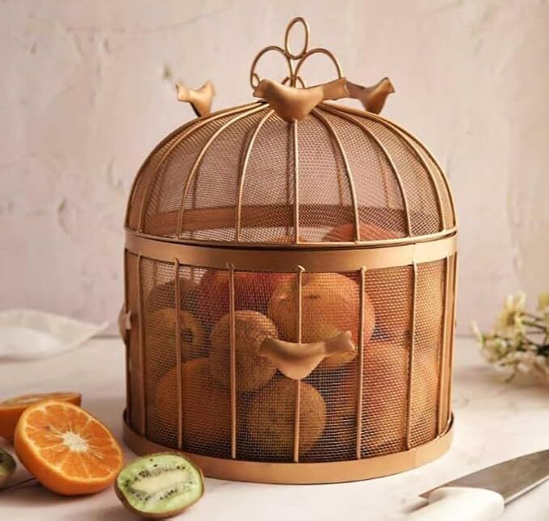 zanaat metal fruit basket with mesh lid suitable for keeping fruits, vegetables (Gold) Iron Fruit & Vegetable Basket(Gold)