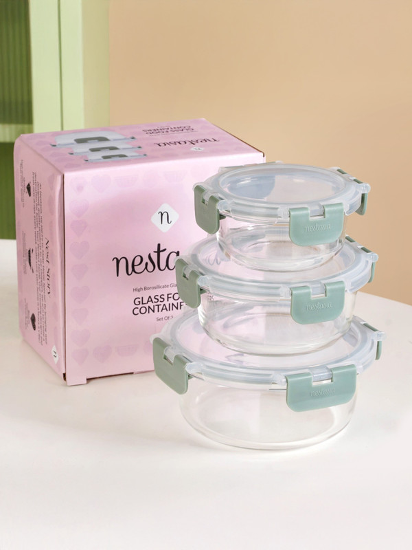 Nestasia Glass Grocery Container - 600 ml(Pack of 3, Clear, Light Green)