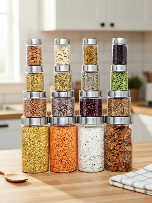 KOLORR Stainless Steel Grocery Container - 200 ml, 300 ml, 500 ml, 1700 ml(Pack of 16, Clear)