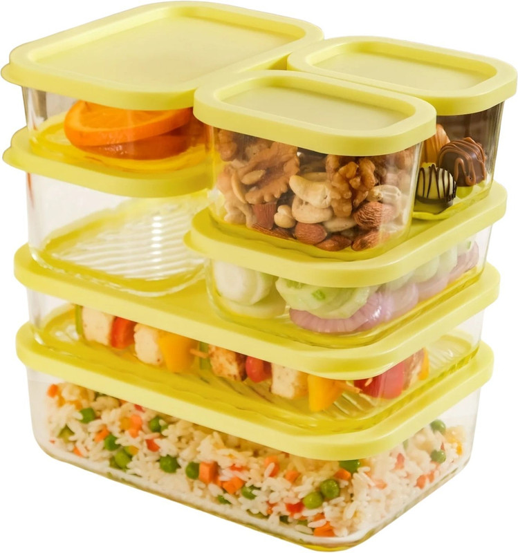 Nestasia Glass Grocery Container - 1700 ml, 1200 ml, 750 ml, 520 ml, 310 ml(Pack of 7, Transparent, Yellow)