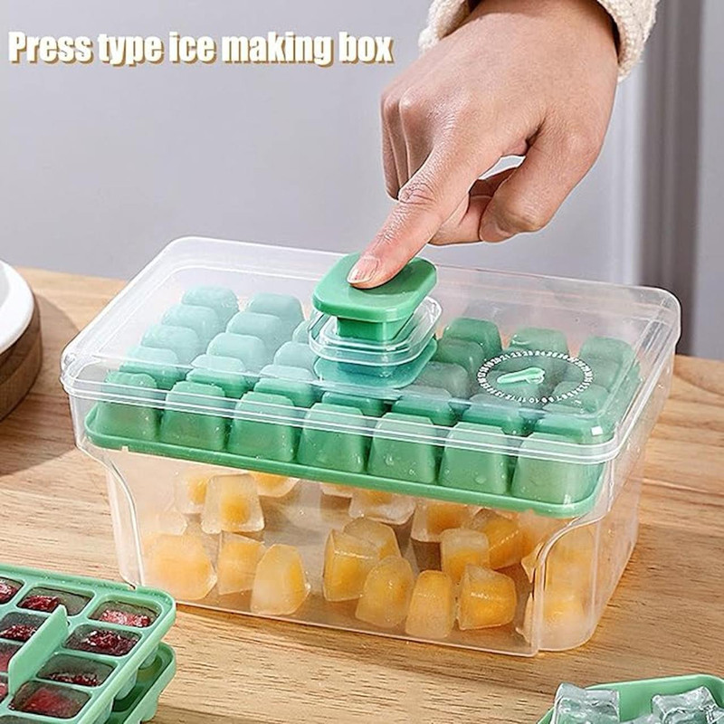 starprim Ice Tray with Storage Press Type Ice Maker 2 Layer Ice Cube Tray with Lid & Bin Green Plastic, Silicone Ice Cube Tray(Pack of1)