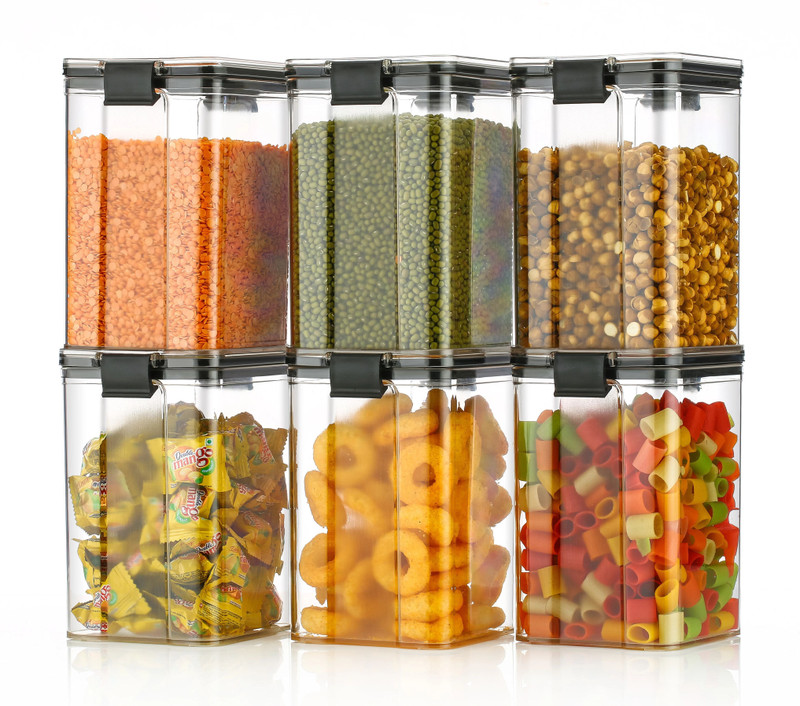 QUPSY Plastic Grocery Container - 1000 ml(Pack of 6, Black)