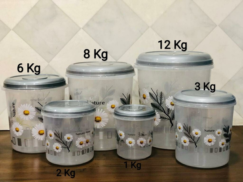 Veksin Glass Grocery Container - 12 L, 8 L, 6 L, 3 L, 2 L, 1 L(Pack of 6, Grey)