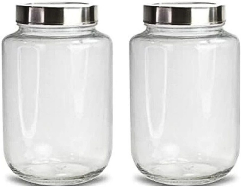Glassbunny Glass Grocery Container - 3000 ml(Pack of 2, Silver)