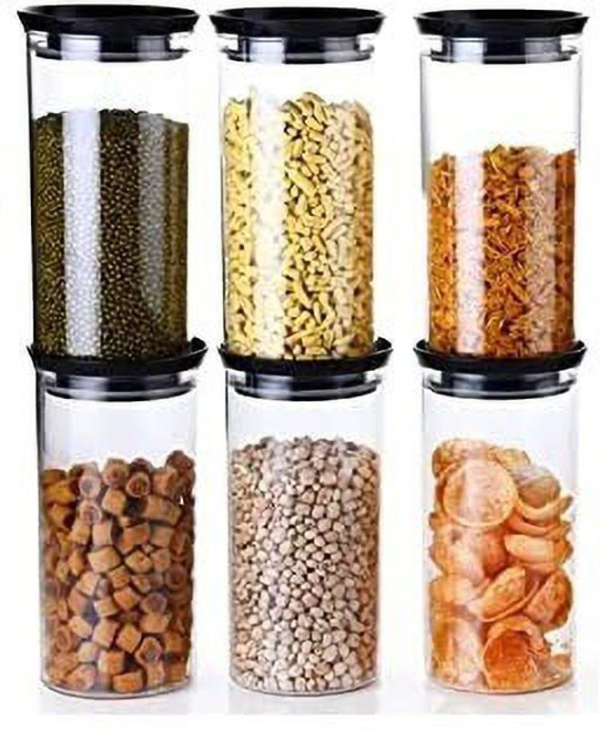Serenity Glass Grocery Container - 1400 ml(Pack of 6, Black)