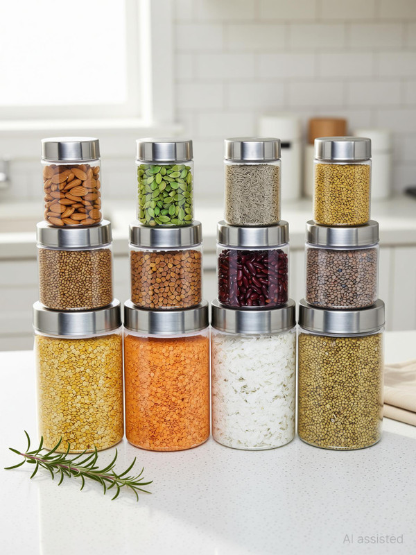 KOLORR Plastic Grocery Container - 300 ml, 500 ml, 1400 ml(Pack of 12, Clear)