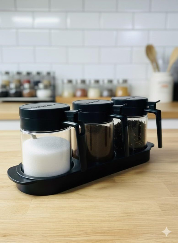 AHURAA Spice Jar Set with Black Lids and Tray Sugar Sprinkler Shaker 330 gm