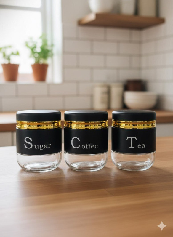 DealGuru TEA COFFEE SUGAR BLK JAR 350ML 3PCS SET Sugar Sprinkler Shaker 350 gm
