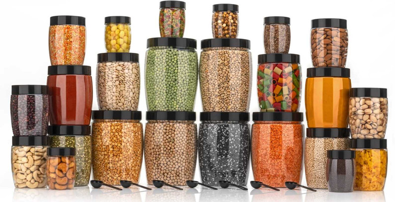 NARIYA Plastic Grocery Container  - 1200 ml, 650 ml, 350 ml, 125 ml(Pack of 24, Black, Clear)