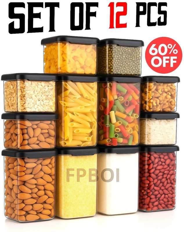 4 SACRED Plastic Grocery Container - 500 ml, 1100 ml, 1500 ml(Pack of 12, Black)