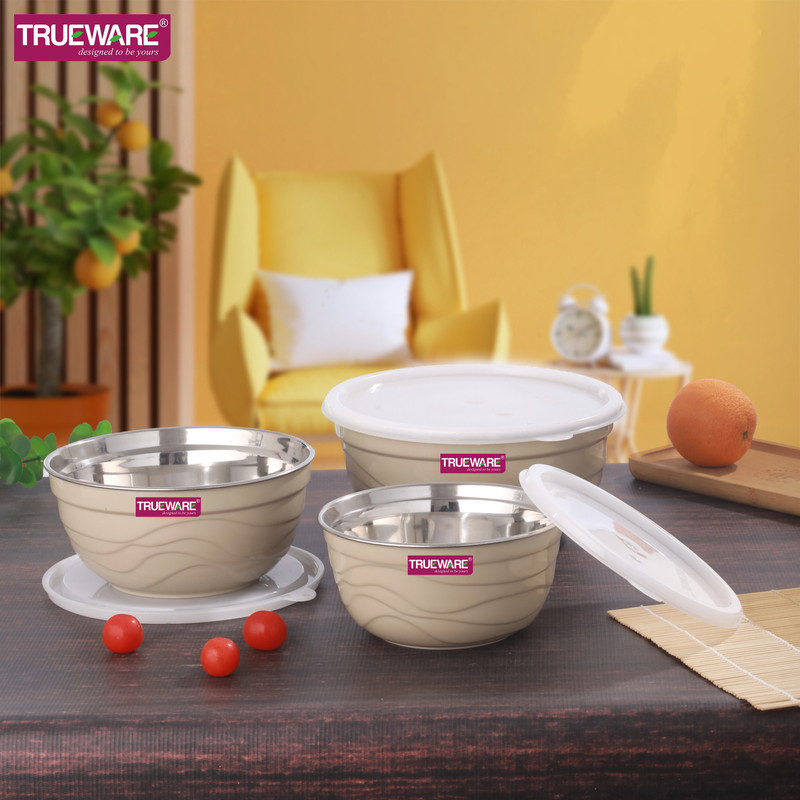 Trueware Stainless Steel, Plastic Serving Bowl 2200 ML, 1400ML & 1000 ML Oliver Microwave Safe Bowl Set(Pack of 3, Beige)