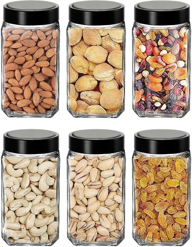 Sitaram Creation Glass Grocery Container - 500 ml(Pack of 6, Black)