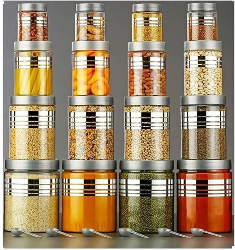 DhaBrij Plastic Grocery Container - 1200 ml, 650 ml, 350 ml, 250 ml(Pack of 16, Silver)