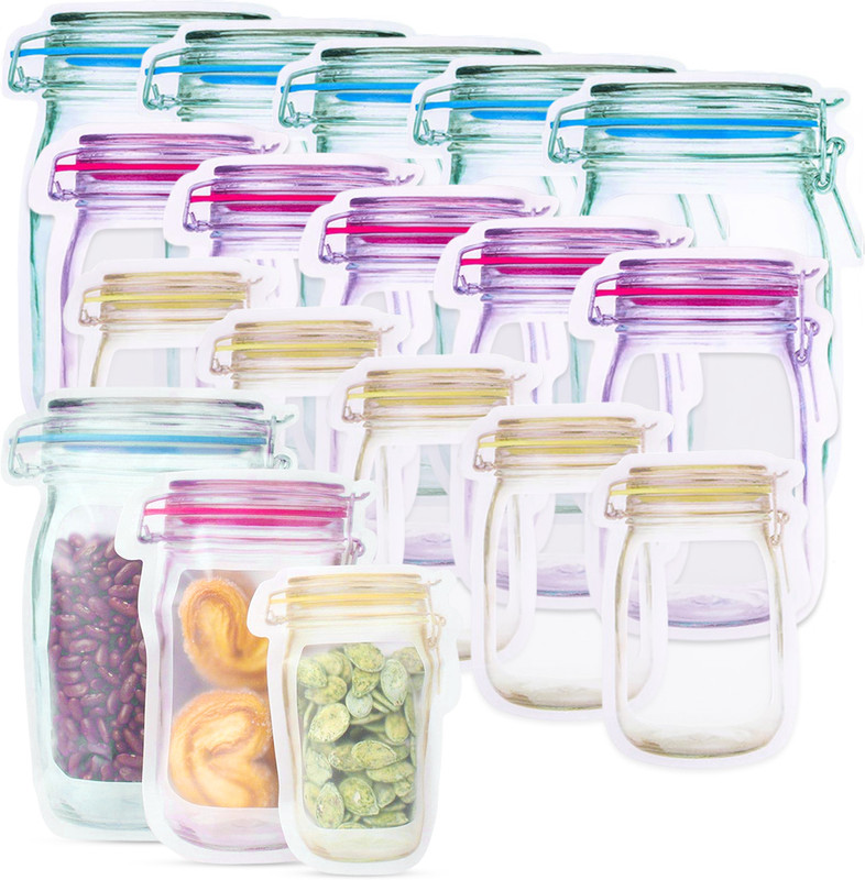 Ofifo 15pcs Mason Jar Shaped Snack Bags Zip Lock Food Storage Bags 3 Sizes(Pack of 15, Multicolor)