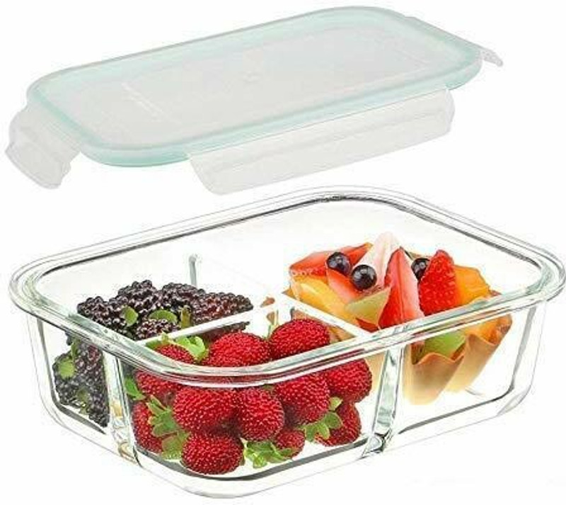 Triptivos Lunch Box Microwave Oven Safe 3-Compartment Glass Storage 1 Containers Glass Office Lunch Box(1000 ml)