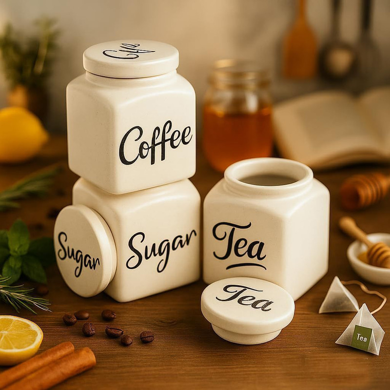 Cerique Ceramic Tea Coffee & Sugar Container - 500 ml(Pack of 3, Off White)