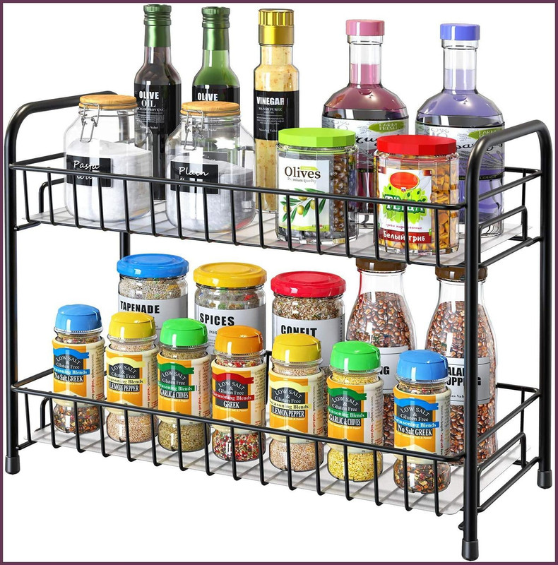 Zenzone Containers Kitchen Rack Iron Countertop Spice Organizer 2 Tier Metal Stand Matte Black