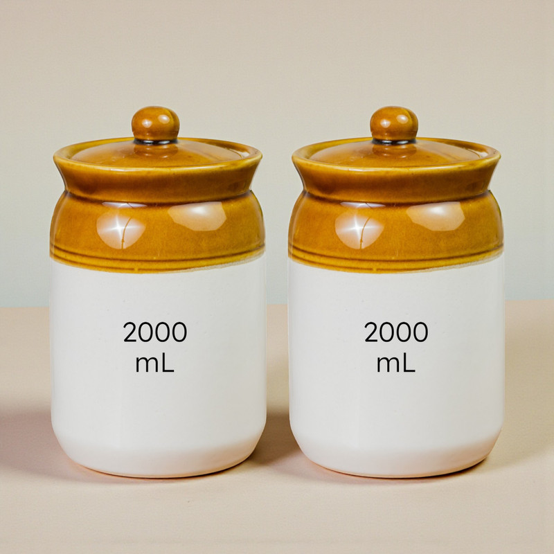 PotteryDarbar Stainless Steel Pickle Jar - 2000 ml(Pack of 2, Brown, White)