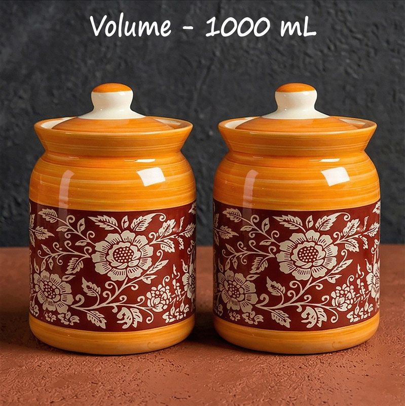 D'Maiolica Ceramic Pickle Jar  - 1000 ml(Pack of 2, Maroon)