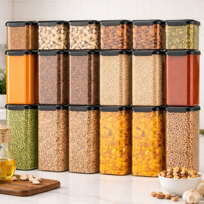 SKYLIFE Plastic Grocery Container  - 1500 ml, 1100 ml, 500 ml(Pack of 18, Black)