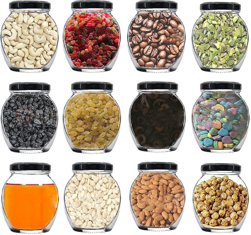 Kipozy Glass Grocery Container - 400 ml(Pack of 12, White, Black)