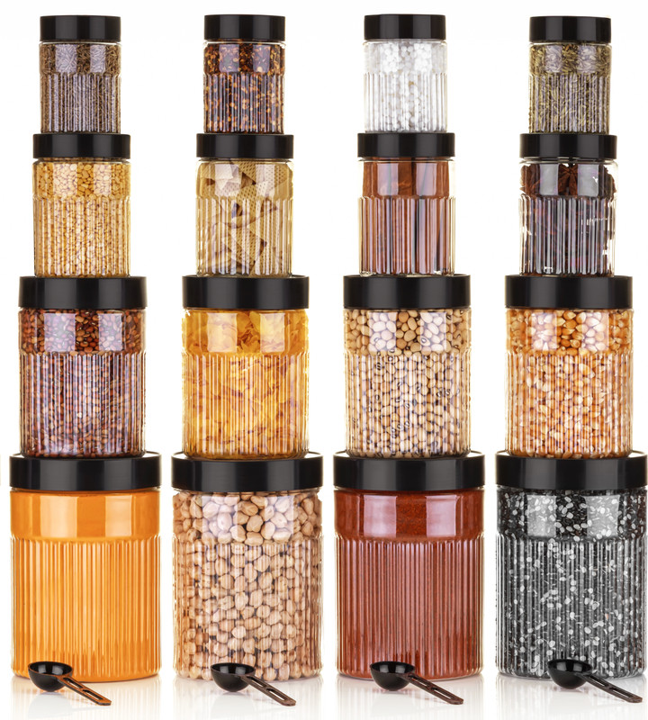 NEXTVIEW Plastic Grocery Container - 250 ml, 350 ml, 650 ml, 1250 ml(Pack of 24, Black)