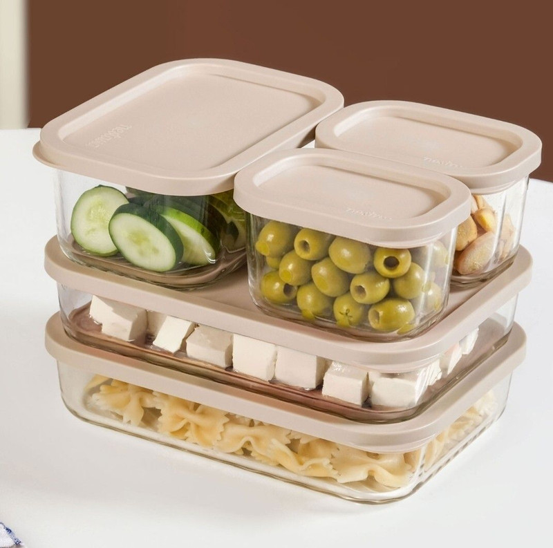 Nestasia Glass Grocery Container - 1200 ml, 750 ml, 310 ml(Pack of 5, Beige, Clear)