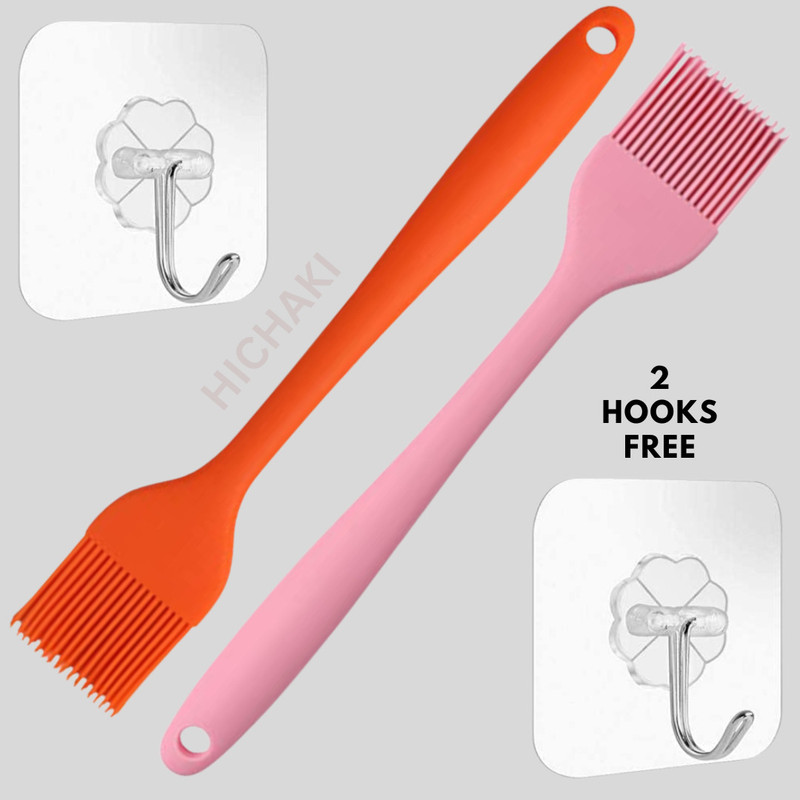 HICHAKI 27CM Silicone Basting Brush Set Of 2 (Green & Blue) with 2 Self-Adhesive Hooks Silicon Flat Pastry Brush(Pack of 4)
