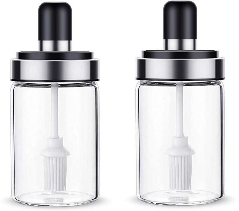 VARUDI Borosilicate Glass Jar with for, ,Oil for Kitchen 2 Piece Set (Glass) Silicon Round Pastry Brush(Pack of 2)
