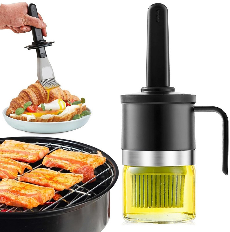 Tendula Oil Dispenser Bottle with Silicone Basting Brush for Cooking BBQ Grill Frying Silicone, Glass Round Pastry Brush(Pack of 1)