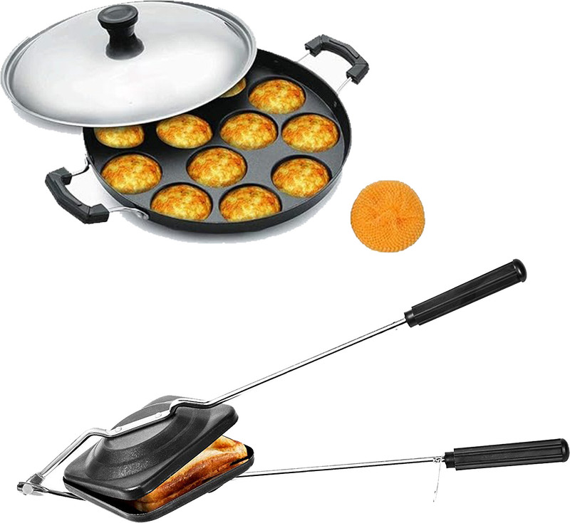 Masox Store Non-electric Sandwich Maker | 2 Side Handle Appam Patra / Appam pan with Lid S3 0 W Pop Up Toaster(Black)
