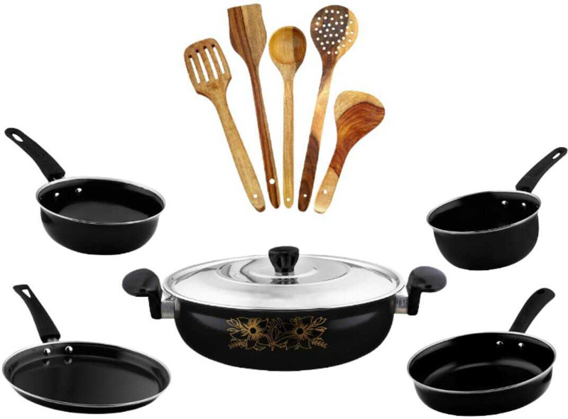 cookpro Combo Kadhai with Lid, Sauce pan, Frypan, Tadka Pan, Dosa Tawa Induction Bottom Non-Stick Coated Cookware Set(Ceramic, 11 - Piece)