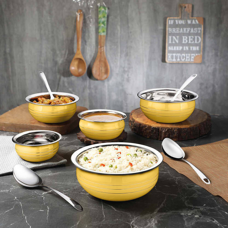 Classic Essentials by Classic Essentials Red Coloured Handi/patila/bhagona/biryani cook & serve Induction Bottom Cookware Set(Stainless Steel, 10 - Piece)