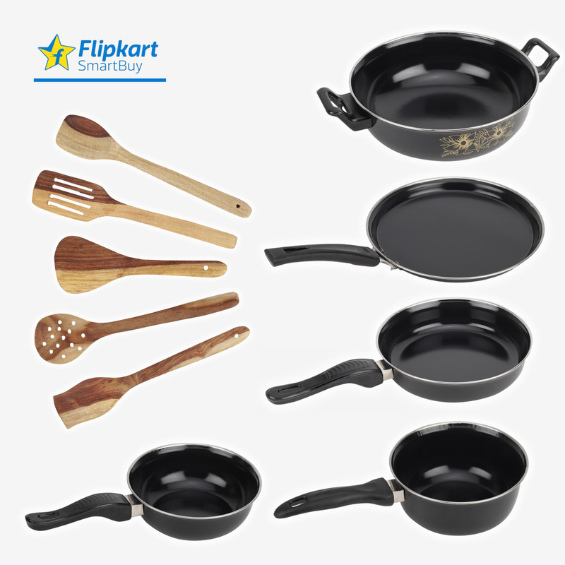 Flipkart SmartBuy Cookware Set - Kadhai, Tawa, Fry Pan, Sauce Pan, Tadka Pan, 5 Wooden Spatula - Induction Bottom Non-Stick Coated Cookware Set(Cast Iron, PTFE (Non-stick), 10 - Piece)
