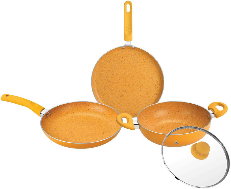 BERGNER Tasty Non-Stick 4 Pcs Cookware Set with Soft Touch Handle, Less Oil Use Induction Bottom Non-Stick Coated Cookware Set(Aluminium, 4 - Piece)