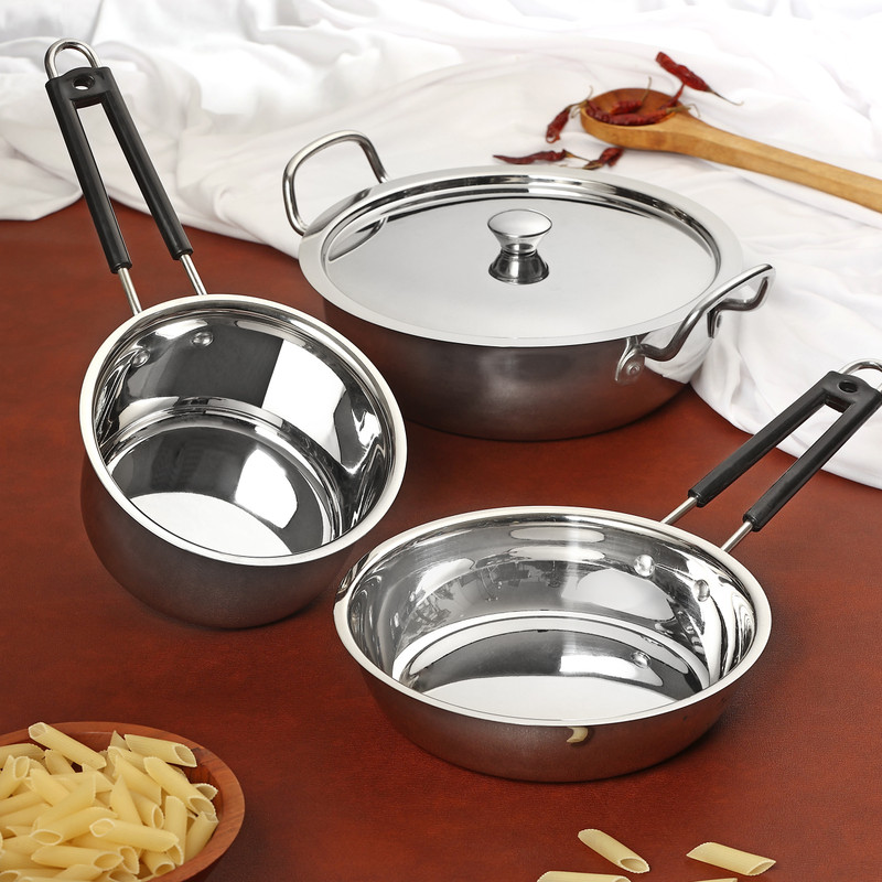 Bowls & More Flat Bottom SS 4 Pc Set - 22cm Kadai (2.0L) & 24cm Kadai (2.5L) with Lids Induction Bottom Non-Stick Coated Cookware Set(Stainless Steel, Stainless Steel, 4 - Piece)