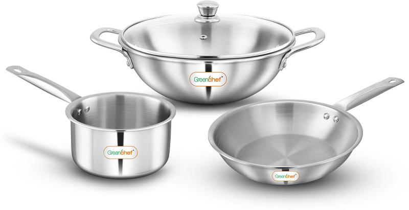 Greenchef Crest Triply Cookware combo(Kadhai glass lid 22CM, Sauce pan 14CM, Fry pan 22CM) Induction Bottom Cookware Set(Triply, 3 - Piece)