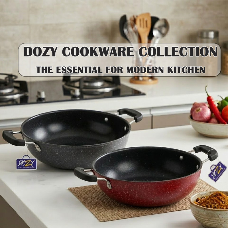 Dozy Non-Stick Aluminumwith Induction Bottom & Cool-Touch Handles(Red/Grey) Induction Bottom Non-Stick Coated Cookware Set(PTFE (Non-stick), 2 - Piece)
