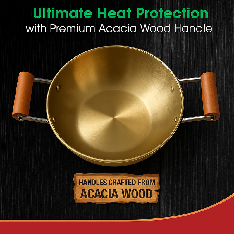 Alark Kadai with Wooden Handle Crafted Hammered Pital Kadhai Induction Bottom Cookware Set(Stainless Steel, 1 - Piece)
