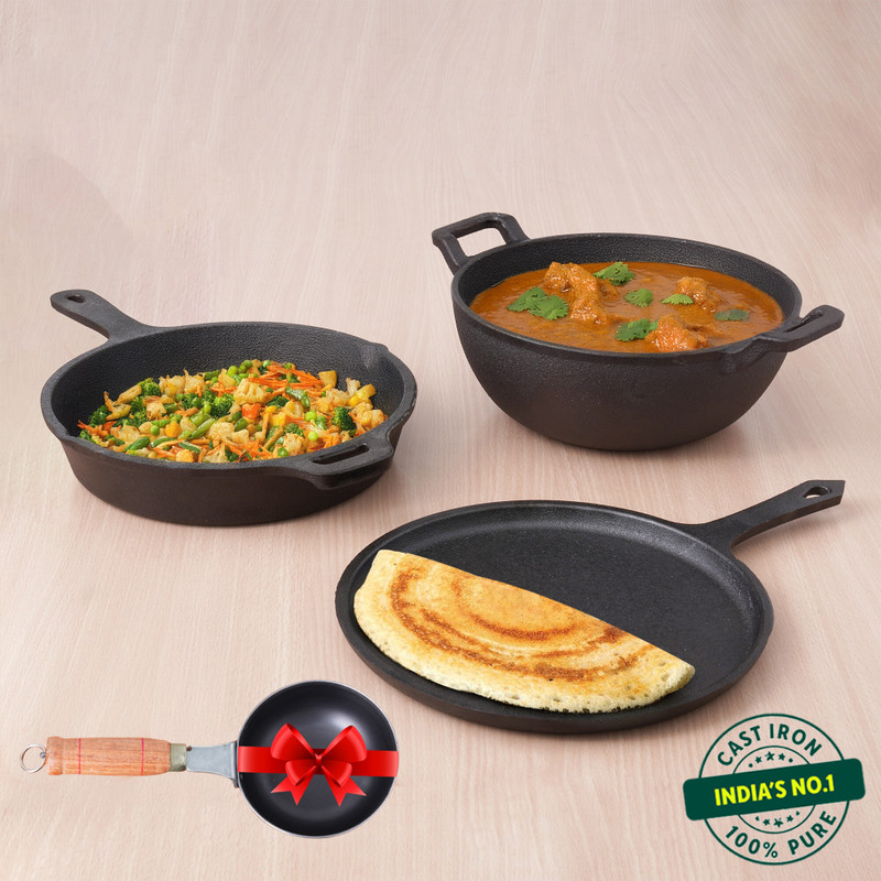 The Indus Valley Pre-Seasoned Cast Iron Cookware Set +Free Tadka Pan|Set of Tawa, Kadai & Fry Pan Induction Bottom Cookware Set(Cast Iron, 3 - Piece)