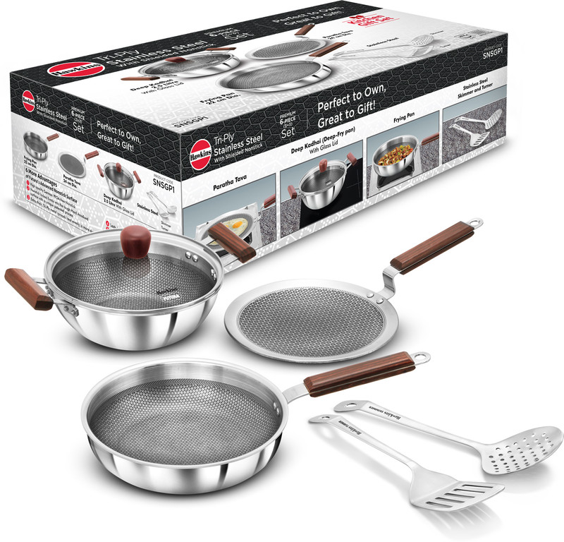 Hawkins Gift Set-Kadhai, Frying Pan, Tava, Lid, Skimmer, Turner (SNSGP1) Induction Bottom Non-Stick Coated Cookware Set(Triply, 6 - Piece)