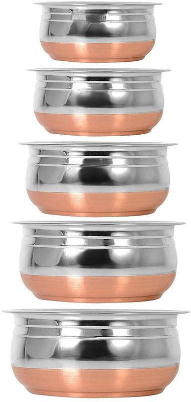 RBGIIT Steel Handi Set 5 pc Copper Bottom Milk Pot Pan/ Biryani Tope/ Punjabi Tapeli K0 Cookware Set(Stainless Steel, 5 - Piece)