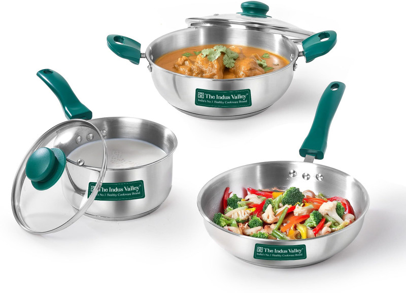 The Indus Valley StainlessSteel Heavy Impact Bonded Triply Kadai 22cm, Frypan 22cm, Saucepan 16cm Induction Bottom Cookware Set(Stainless Steel, 3 - Piece)