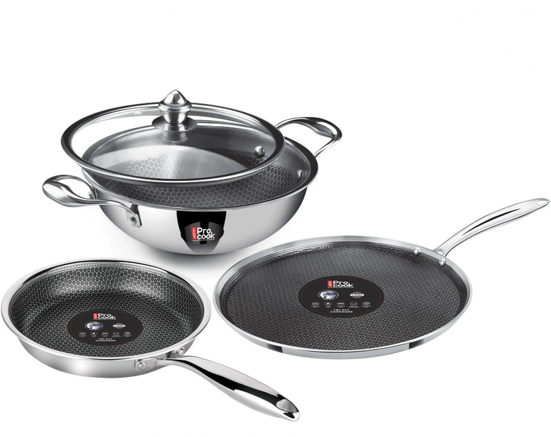 MILTON Pro cook Triply Hexa Tech 4 Pc Set Stainless Steel Silver 3 Years Warranty Non-Stick Coated Cookware Set(Stainless Steel, 4 - Piece)