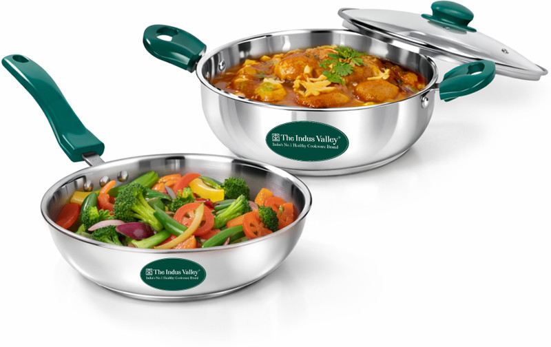 The Indus Valley Stainless Steel Impact Bonded Kadai & Frypan Set with Green Bakelite handle Induction Bottom Cookware Set(Stainless Steel, 2 - Piece)