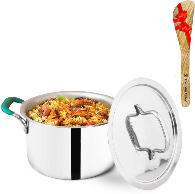 The Indus Valley Triply Stainless Steel Biryani Pot with Free Wooden Spatula | 21.6cm, 2.9Ltr Induction Bottom Cookware Set(Triply, Stainless Steel, 2 - Piece)