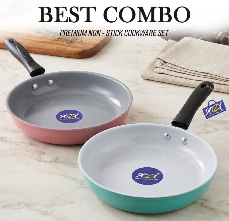 Dozy Non-Stick Set: 3L Kadhai, Frypan, Saucepan & Tadka Pan Induction Bottom Non-Stick Coated Cookware Set(Cast Iron, 4 - Piece)