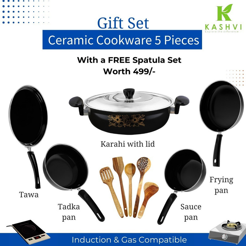 Kashvi Best 6Pc Set Kadahi with lid, Fry Pan, Tadka Pan, Sauce Pan,Tawa, Wooden Spoons Induction Bottom Non-Stick Coated Cookware Set(Cast Iron, 5 - Piece)